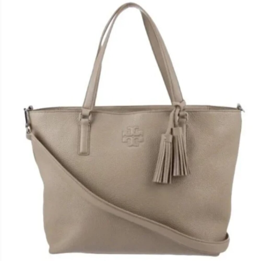 Tory Burch Thea Zip Closure Shoulder Strap Tote in French Gray Pebbled Leather